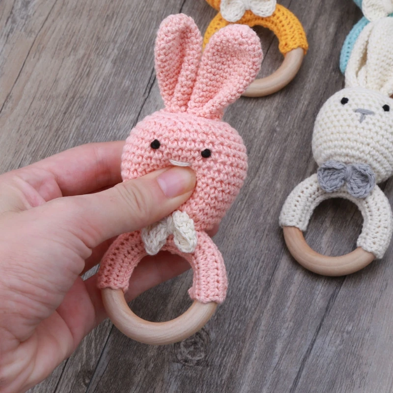 BPA Free Safe Crochet Baby Teether Cartoon Bunny Wooden  Rattle Toys DIY Infant Newborn Teething Ring Baby Stroller Cot Baby Toy