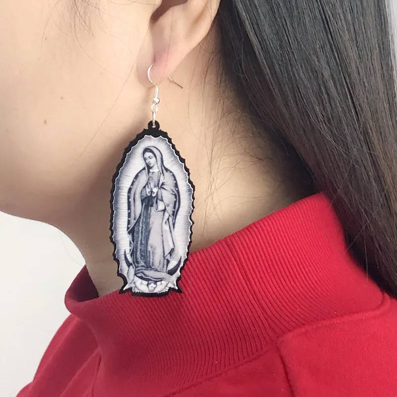 KUGUYS Virgin Mary Drop Dangle Earrings for Women Acrylic Vintage Retro Jewelry White and Black Printed Accessories