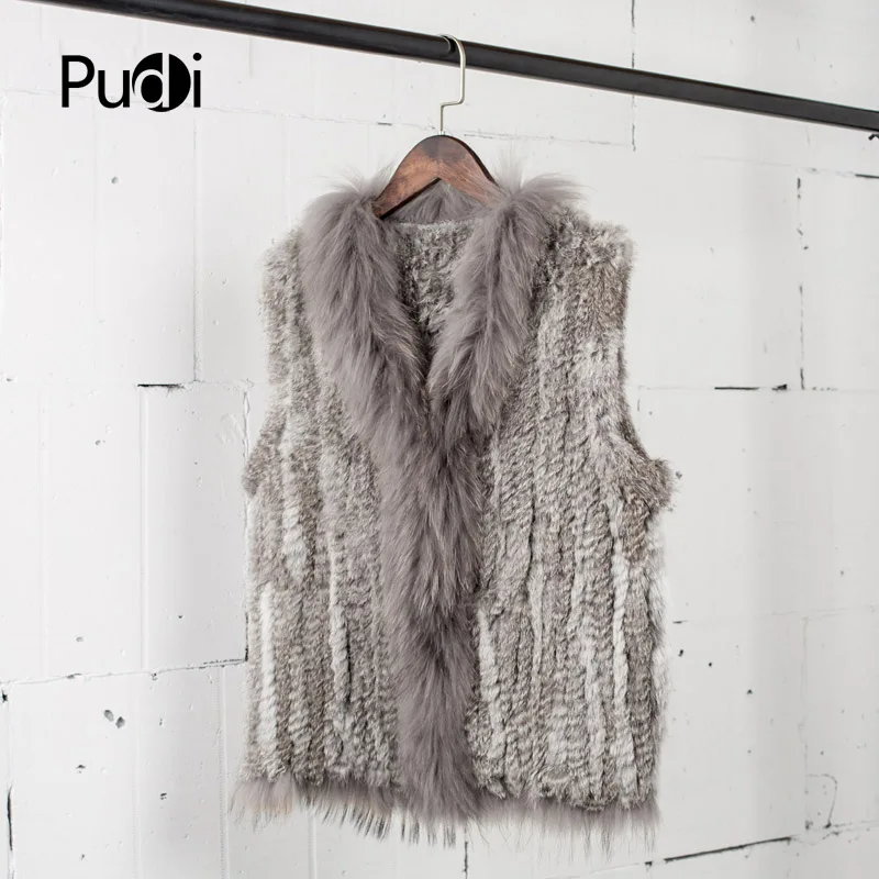 

VR033 Women Genuine Natural Real Rabbit Fur Knitted Vests /Waistcoat/ Gilet /coats With Tassels Raccoon Fur Collar