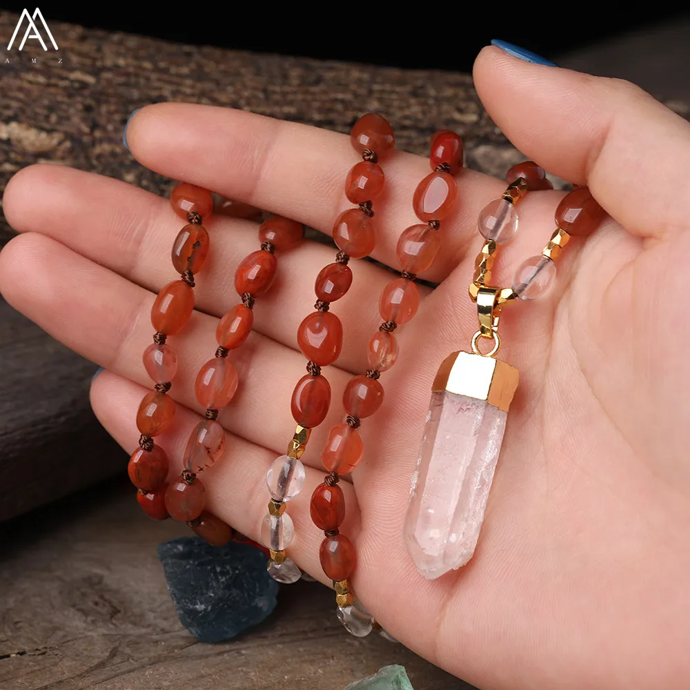 Natural White Quartz Freeform Point Pendant Red Agates Irregular Chip Beads Cord Knotted Necklace Handmade Mala Yoga Jewelry
