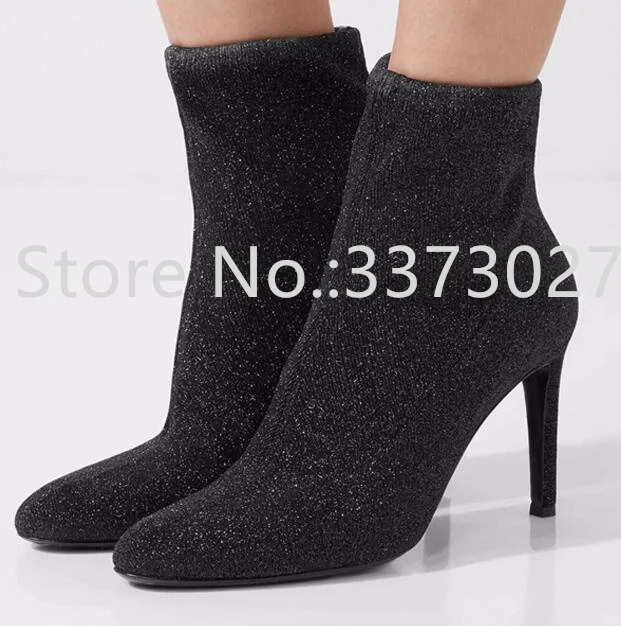 Lantejoulas estiramento meias botas de prata preto bling bling mulher tornozelo botas moda fina calcanhar pernas senhora sapatos femininos botas