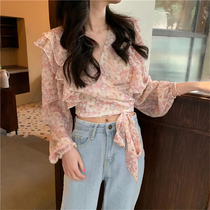 Frühling Herbst Frauen Rüschen Bluse Süße V-ausschnitt Floral Print Chiffon Bluse Weibliche Krawatte Bogen Langarm-shirt Short Tops AB1907