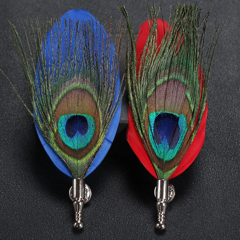 1 Pcs Feather Brooch Lapel Pin Fashion Designer Handmade Men Women Novelty Peacock Feather Brooches Dress Suit Accessory Gift