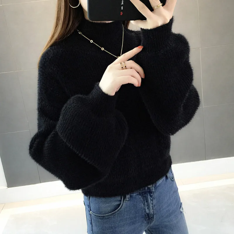 UHYTGF Women long sleeve sweaters Knit pullover turtleneck mink cashmere Winter sweater female High waist casual short tops 952