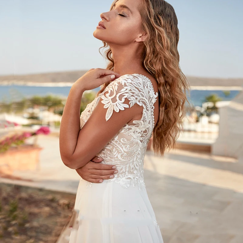 Weiß Hochzeit Kleider für Braut Bürger Cap Sleeve V-ausschnitt Spitze Appliques Chiffon-EINE Linie Brautkleider Robe De Ehe bohemian