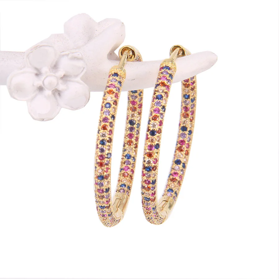 Hemiston Thomas Gold Full Paved ROYALTY COLOURFUL STONES Creole Hoop Earrings, Romantic Jewelry Gift For Women