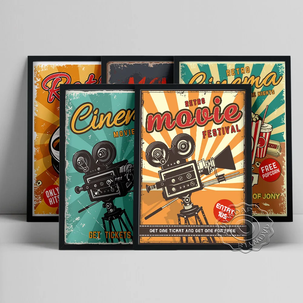 Retro Film Festival Collection Exhibition Poster, Projector Popcorn Art Prints, Movie Theater Cinema Wall Picture Home Decor