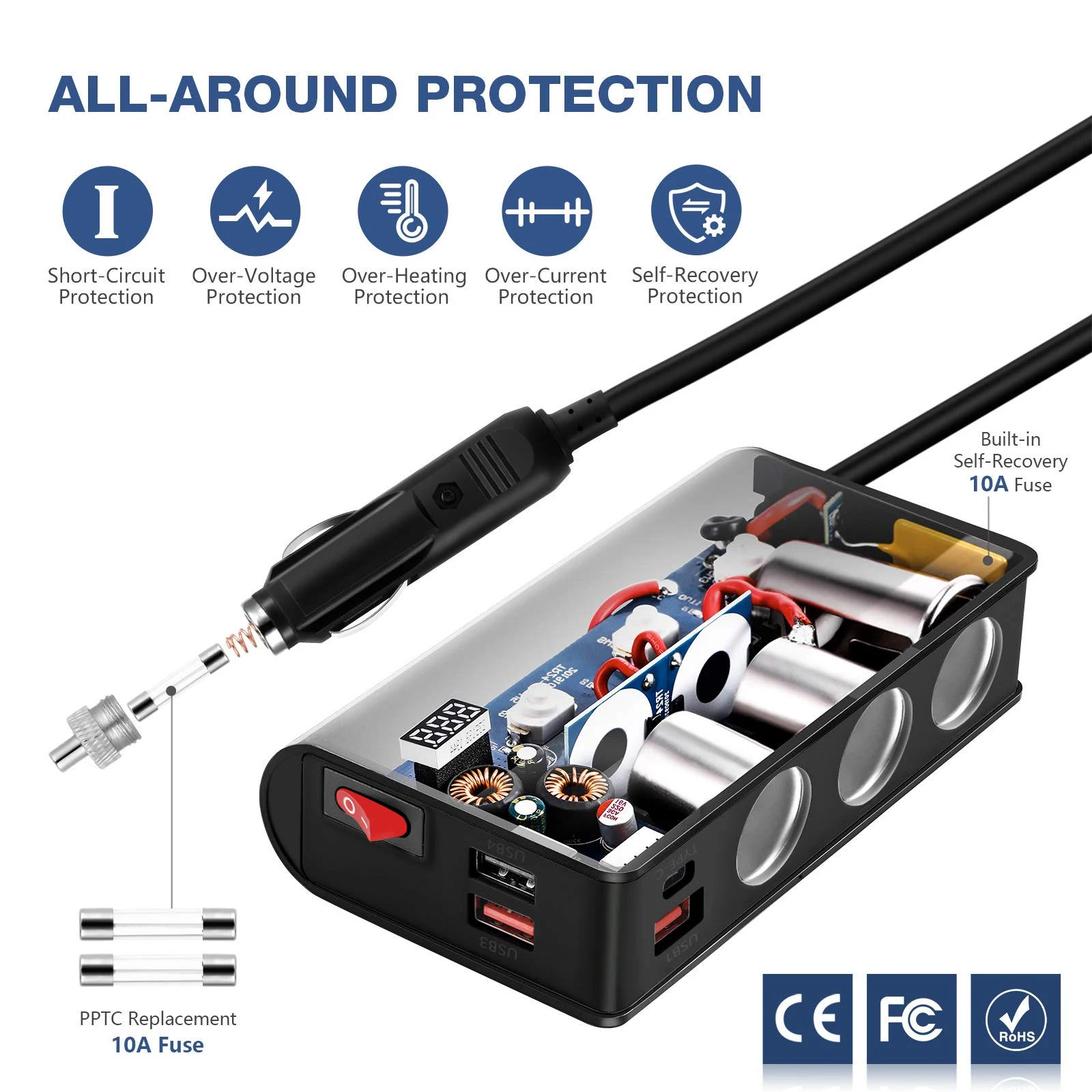 VR robot Fast PD Type-c QC 3.0 Car USB Charger 180W 12-24V Cigarette Lighter Adapter 3-Socket Car Splitter with ON/OFF Switch