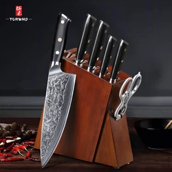 TURWHO 7 PCS Best Kitchen Knives Sets With Excellent Acacia Wood/Knife Set BlocK Super Sharp Japanese Damascus Steel Knives Set