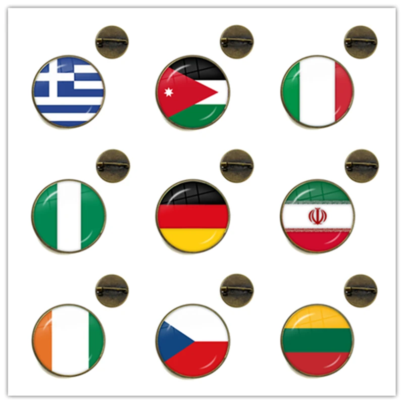 Broszki ze szklanym kaboszonem z flagą narodową Grecja, Jordania, Włochy, Nigeria, Niemcy, Iran, Czechy, Litwa Szpilki do kołnierzyka na prezent