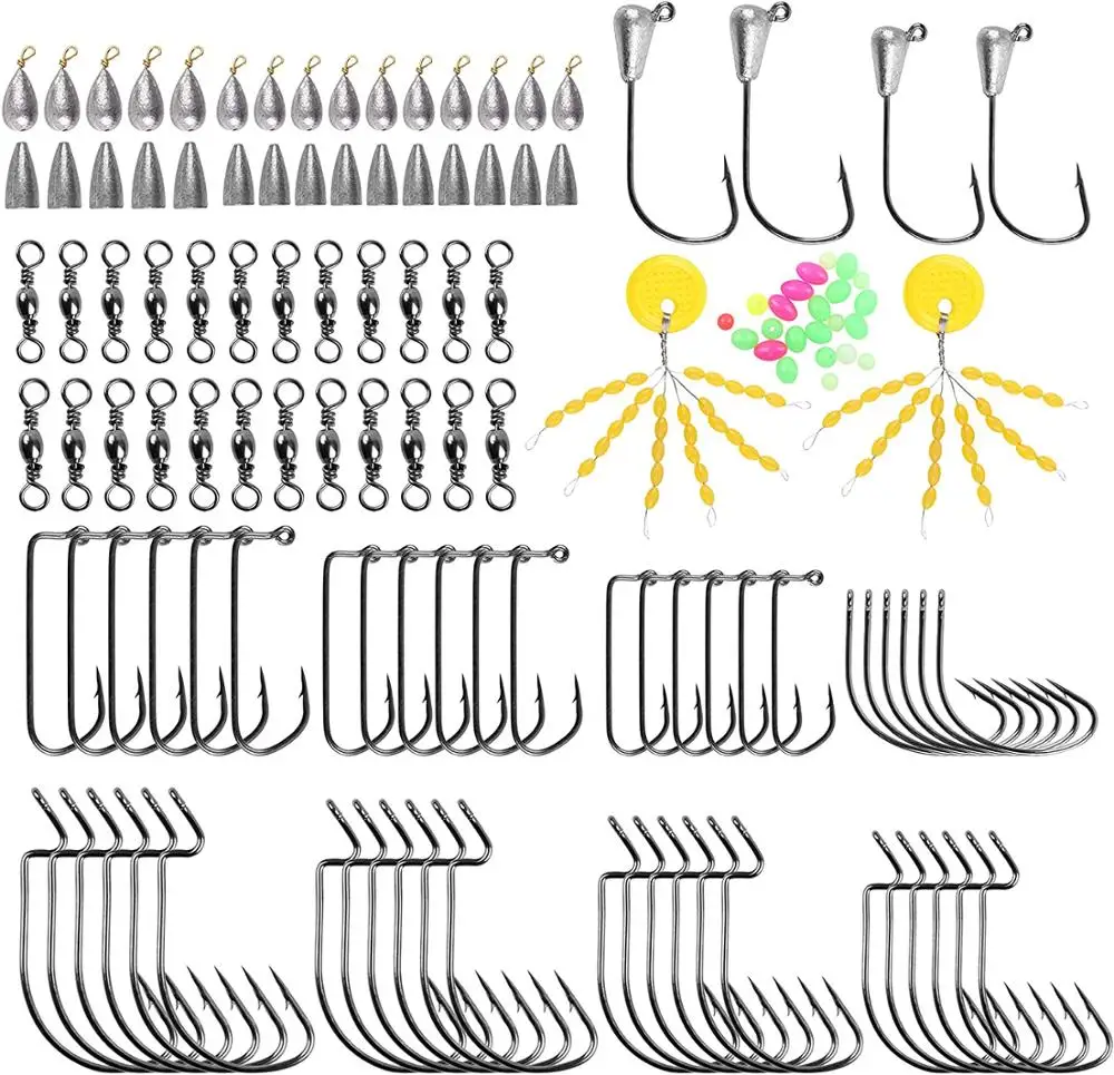 158pcs Bass Rigging Kit Fishing Offset Worm Hooks Degree Bend Jig Hooks Fishing Barrel Swivel Bass Casting Sinker Weights Beads