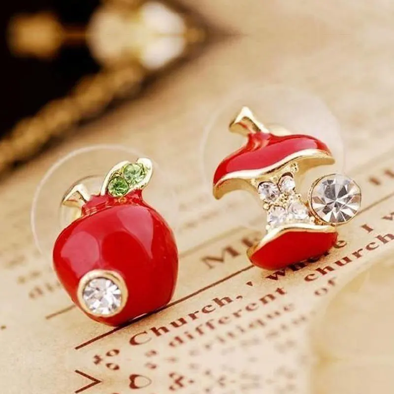 Cute Apples Earrings Women Red Green Asymmetric Rhinestone Apple Shaped Earrings Creative Crystal Women Gift Ear Accessories