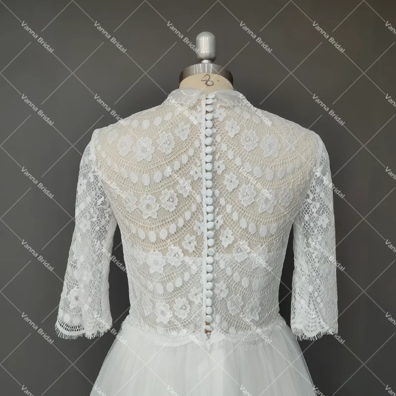 Comprimento do chá do laço vestido de cerimônia de casamento meia mangas feito sob encomenda turn-down colarinho ver através ilusão tule v-neck vestidos de noiva