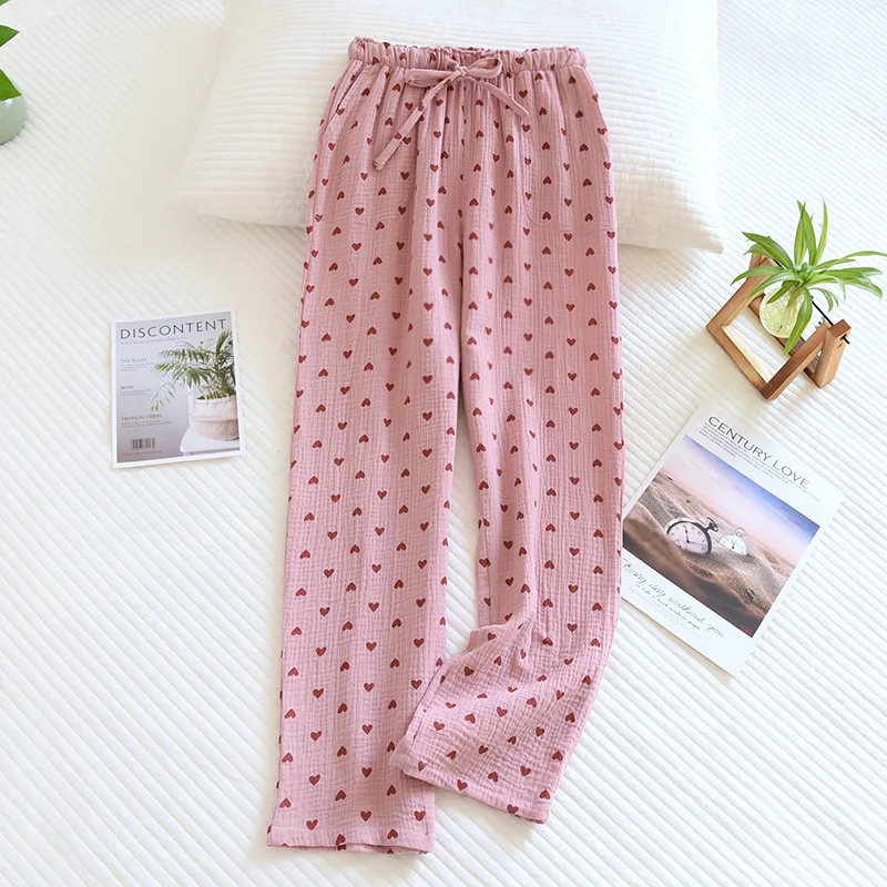 Pantalones de pijama 100% de algodón para mujer, ropa de dormir informal, holgada, con estampado de amor