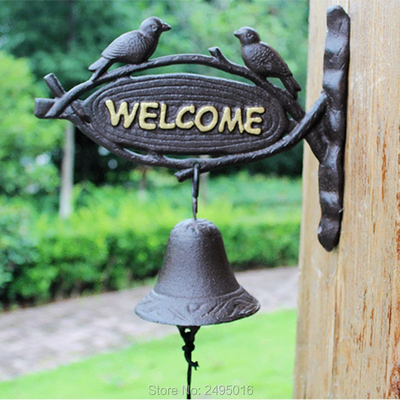 

Retro Welcome Bell with Two Little Birds Modeling - Wrought Iron Doorbell, Cast Iron Hand Bells Craft for Gate of Coffee Shop