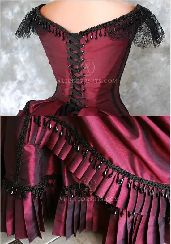 Customized Burgundy Goth Victorian Bustle wedding Gown Vintage Beaded Lace-up Back Corset Top Gothic Outdoor Bride Wedding Gown