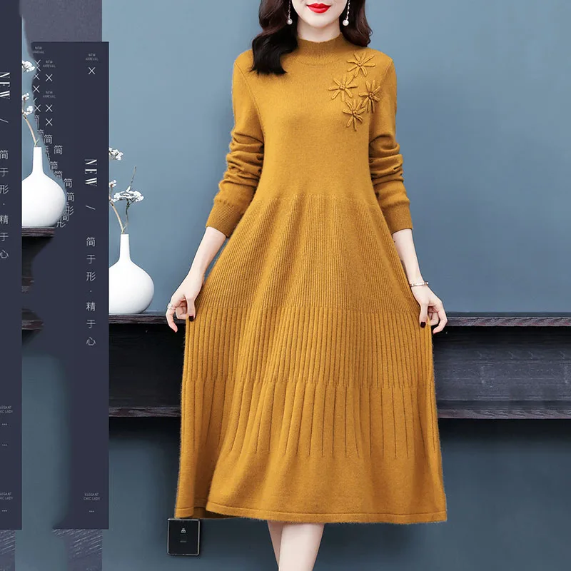 2024 Autumn Winter New Women Sweater Dress Mid-Calf Long Chic Female Dresses A-Line Embroidered Wool Knitted Dresses s1392