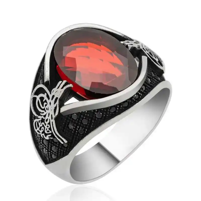 Silver Ottoman Tugra Men's Ring - 925 Sterling Men's Jewelry Wedding Birthday Gift - Box - Stone - Men - Fashion - Botiva - Size - Turkish - Patterned Embroidery