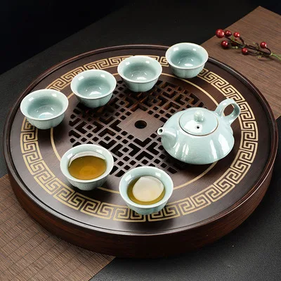 4-8pcs Kung-Fu Tea Set Round Bamboo Wood Tea Tray Ceramic Tea Cups Teapot Kit Water Storage tea Plates Tea Dish Gifts Home Decor