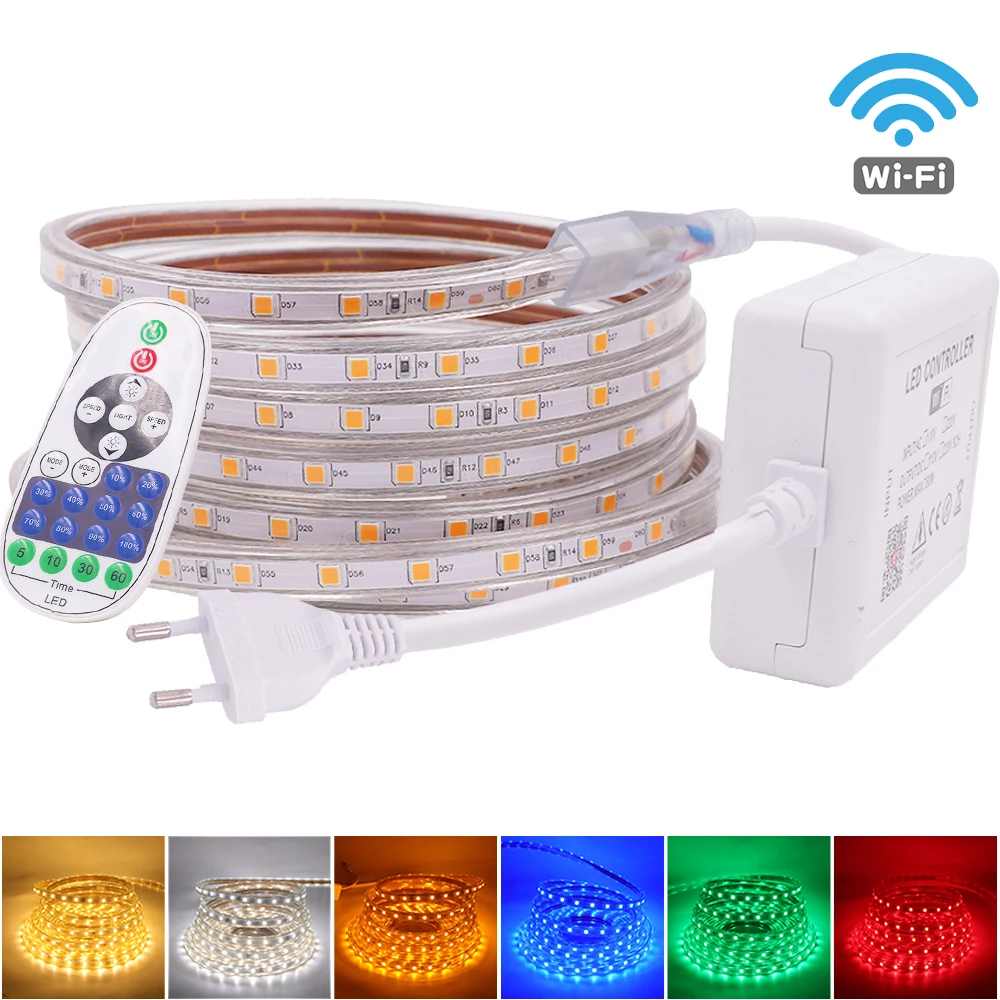 

WiFi Tuya Smart LED Strip SMD 5050 AC 220V 110V Flexible Light Ribbon Tape Remote 60Leds/m Waterproof Rope Light with Power Plug