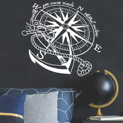 Modern Anchor Nautical Compass Rose Boat Wall Decal Kids Room Smooth Sea Never Made Skilled Sailor Navy Inspiral Wall Sticker