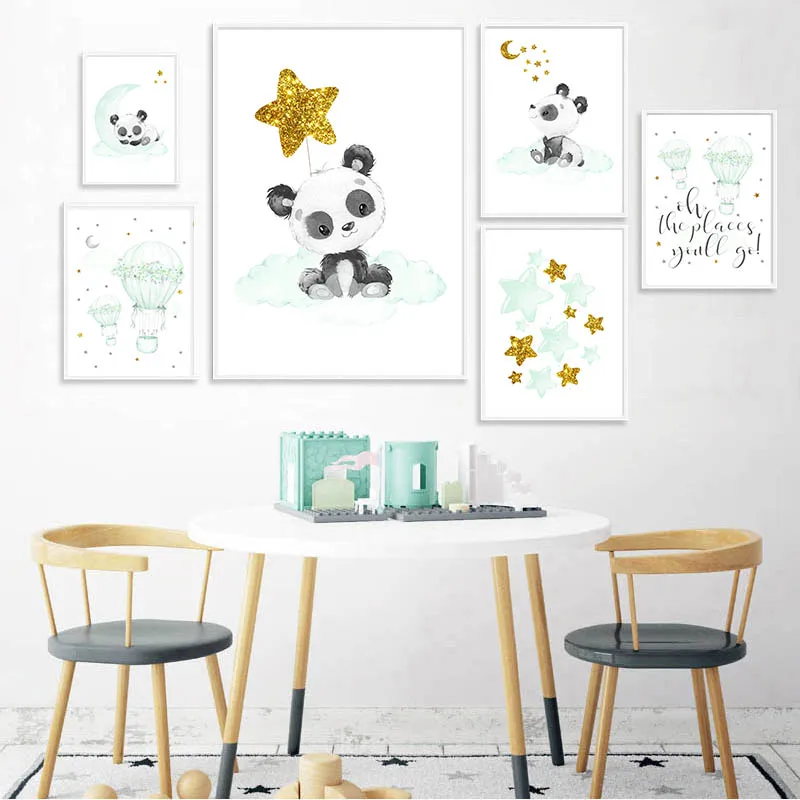 Baby Panda Balloon Wall Art Canvas Painting Mint Green Posters and Prints Room Decor Pictures for Home Decoration Christmas Gift