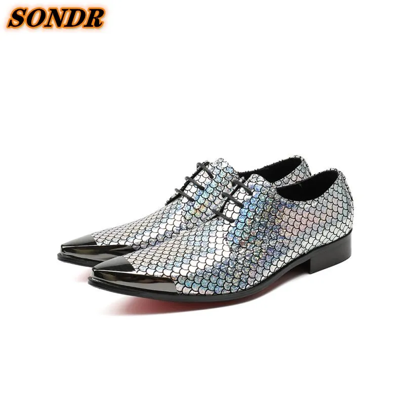 

Sliver Fish Pattern Men Formal Shoes Pointed Toe Genuine Leather Lace Up Men Elegant Dress Office Oxford Shoes Zapatos Hombre