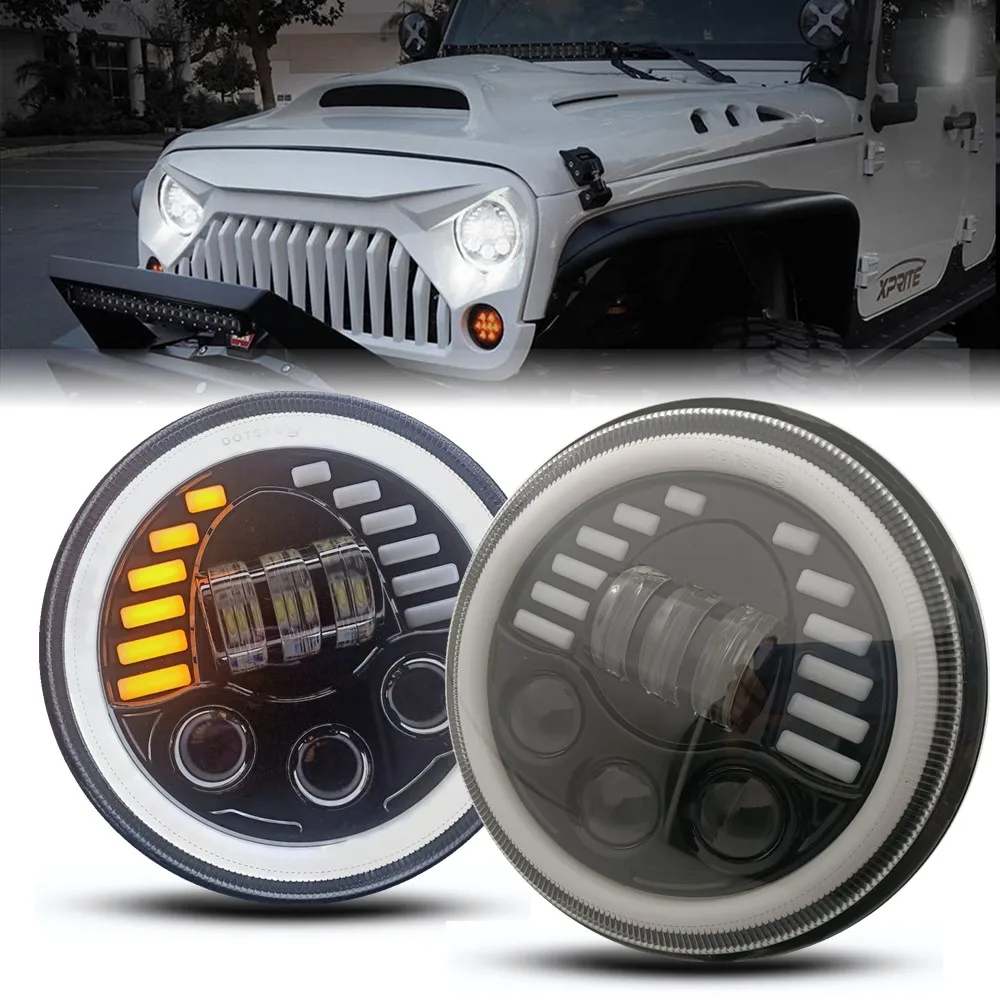 

2pc 130W H4 7 Inch LED Headlight Halo Angel Eyes For Lada 4x4 Urban Niva Jeep Wrangler JK Land Rover Defender Hummer Accessories