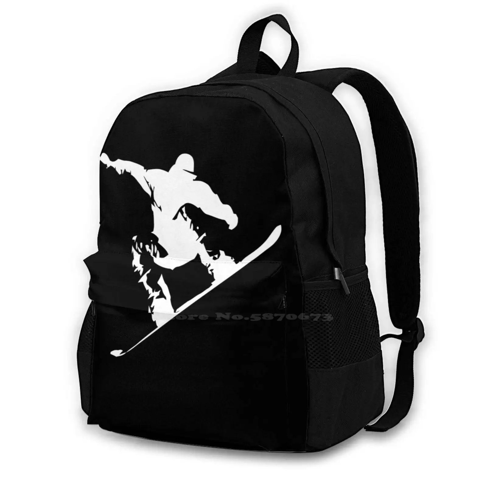

Snowboarding White Abstract Snow Boarder On Black Hot Sale Schoolbag Backpack Fashion Bags Rocky Jump Hill Mountain Snowboarder