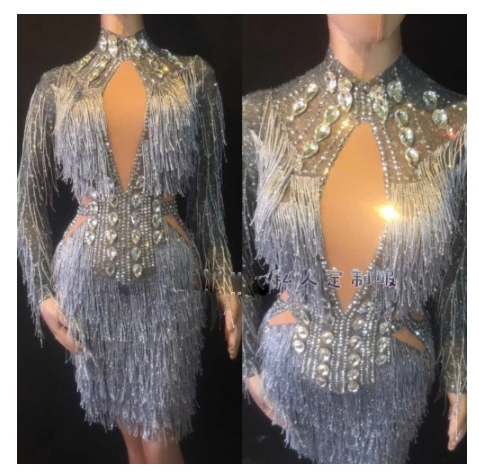 Sparkly Silver Rhinestones Dress Women Birthday Celebrate Costume Female Singer Bling Tassel Dresses DJ Performance Dance Outfit