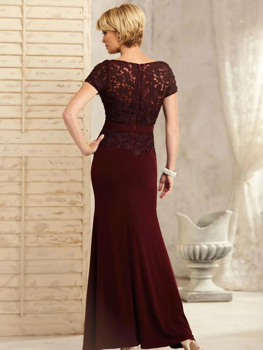 Mermaid Scoop Floor-Length Lace Burgundy Mother of the Bride Dresses With Sashes