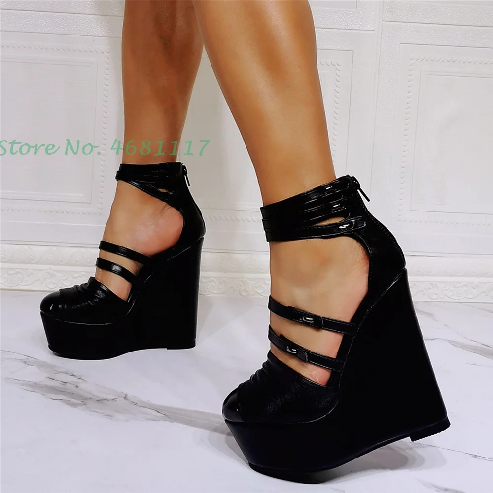 

Multi Buckle Strap Wedges Sandals Women Platform Round Toe High Heels Cover Heels Casaul Hot Summer Ankle Wrap Party Sandals