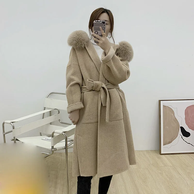 

2023 Women Winter Long Wool Coat With Real Fox Fur Hood Trim Female Outwear Jacket Warm Elegant Long Wool Jacket With