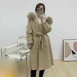 2023 Women Winter Long  Wool Coat  With Real Fox Fur Hood Trim Female Outwear Jacket Warm Elegant Long Wool Jacket With