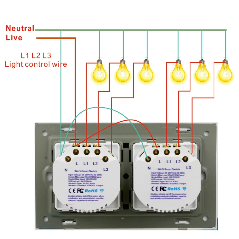 CBE 4/5/6 Gang Smart Wall Touch Switch EU Standard WiFi Switch Tuya EWelink 10A Voice Control for  Alexa, Google Home