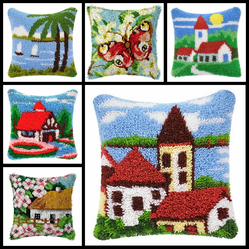 

Cartoon House DIY Embroidered Pillow Wool Cross Stitch Carpet Embroidery knooppakket landscape 3D Latch Hook Carpet Accessories