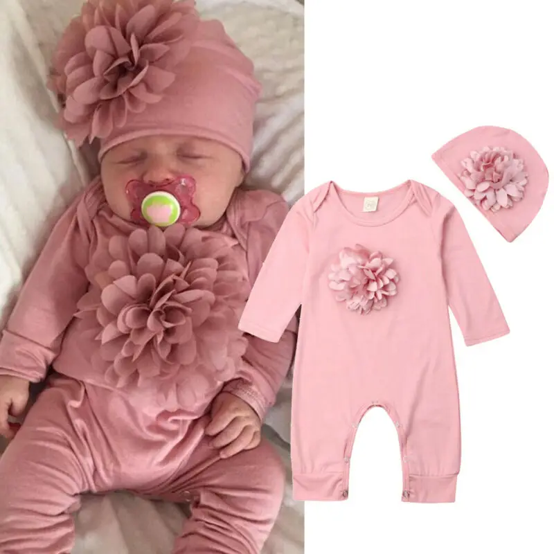 2PCS Newborn Baby Girl Clothes 3D Cute Floral Long Sleeve Romper Jumpsuit Outfits 0-18M Long Sleeve Baby Bodysuit