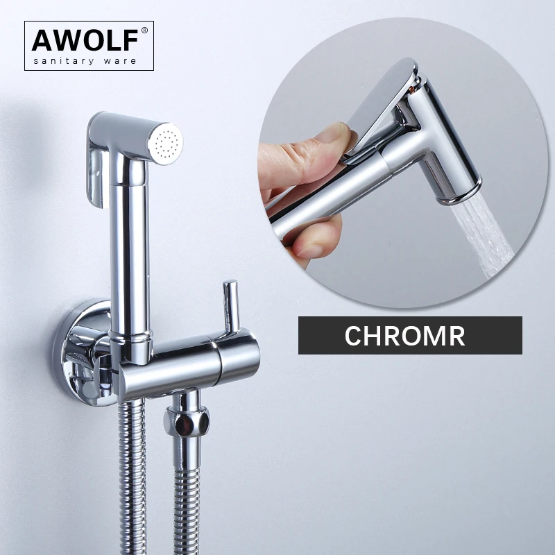 Chrome Handheld Toilet Bidet Sprayer Solid Brass Douche kit Shiny Silver Shattaf Shower Single Handle Faucet Bathroom AP2253