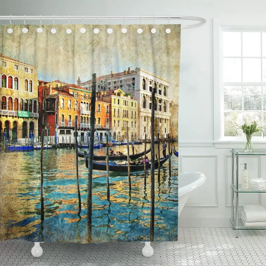 Vintage Romantic Venice Artistic Paint Oil Italian City Famous Shower Curtain Waterproof 60 x 72 Inches Set with Hooks