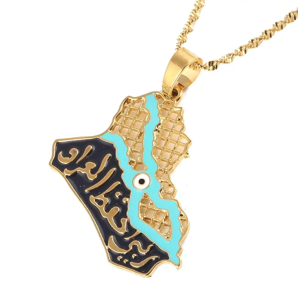 Iraq Map Pendant Necklaces for Women Men Muslim Iraqi Blue Eye Islam Jewelry