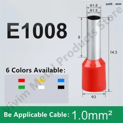 100pcs/Pack E1008 Insulated Ferrules Terminal Block Cord End Wire 18AWG Connector Electrical Crimp Terminator 1mm²