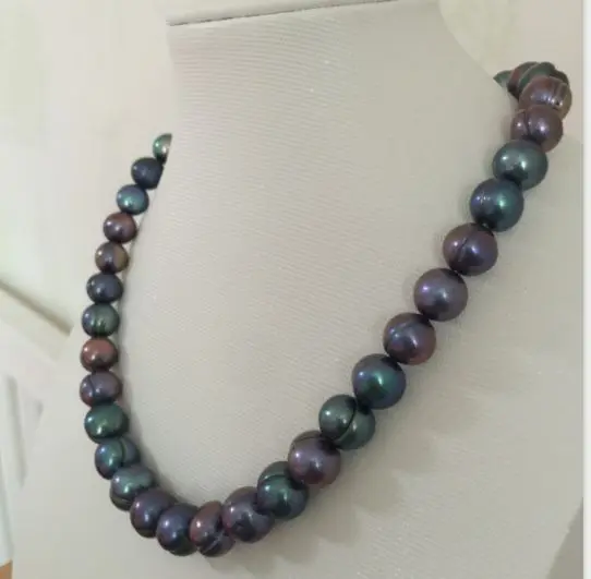 stunning10-12mm tahitian black green pearl necklace 925silver