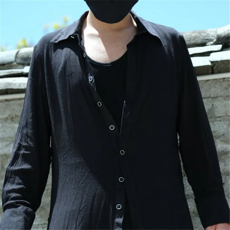 Summer new original design artistic personality flax long thin coat Open fork windbreaker male S-6XL！Big yards coat