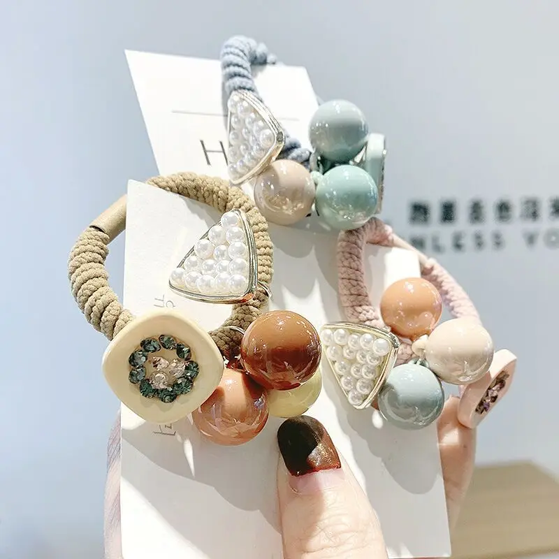 

New Korean Dongdaemun Candy Color Round Bead Ball Hair Tie Rubber Band Triangle Pearl Ladies Simple Hair Rope Head Rope