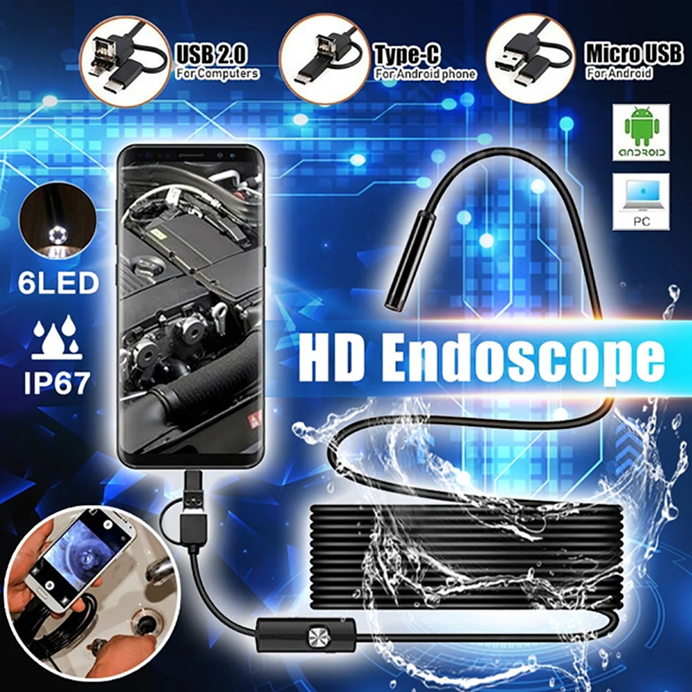 

1200P Endoscope Full HD 8mm Usb Type c Borescope Android Phone Pc 10m Car Endoscopy 3 in 1 Video Flexible Inspection Mini Camera