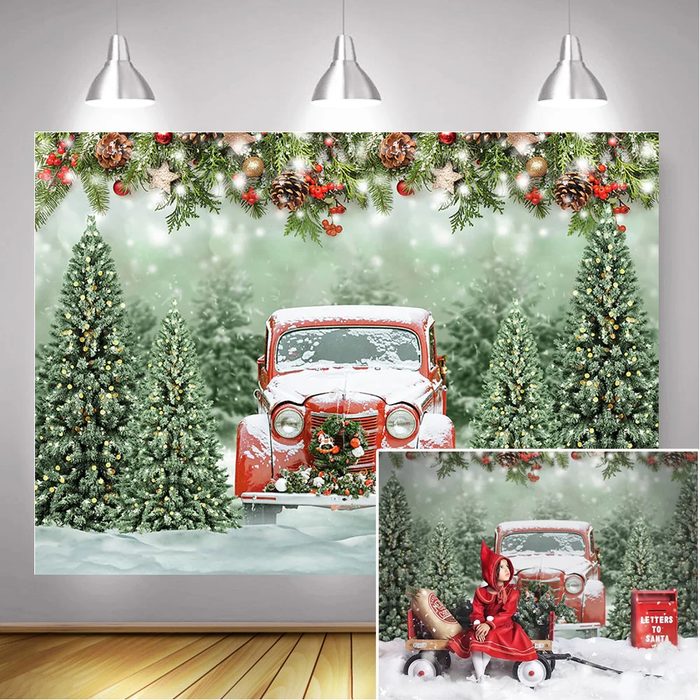 Winter Merry Christmas Photography Backdrop Snow Red Truck Christmas Trees Background Bells Family Party Video Props Photocall