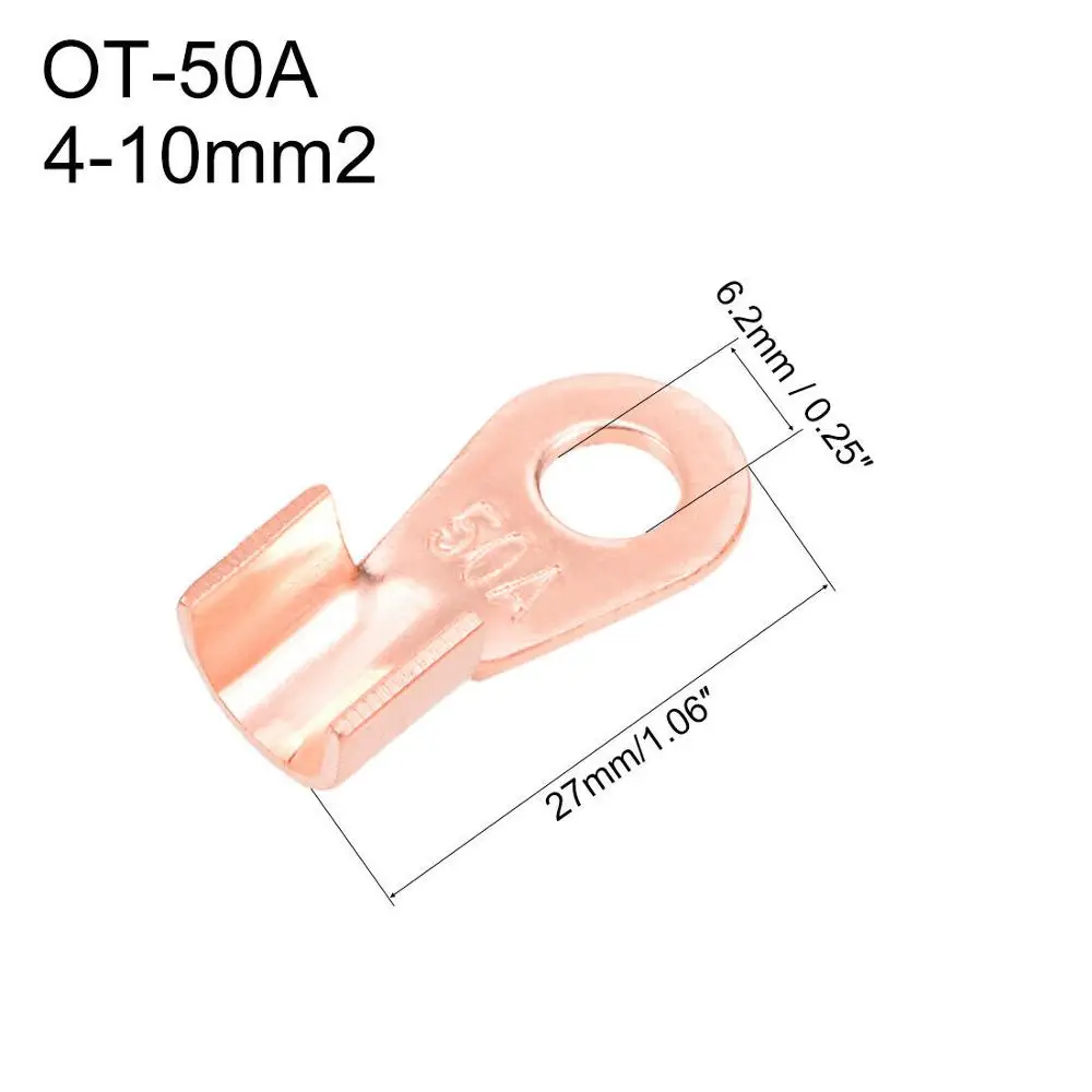 10Pcs 50A Copper Battery Cable Connector Terminal Crimping 4-10mm2 Wire OT-50A