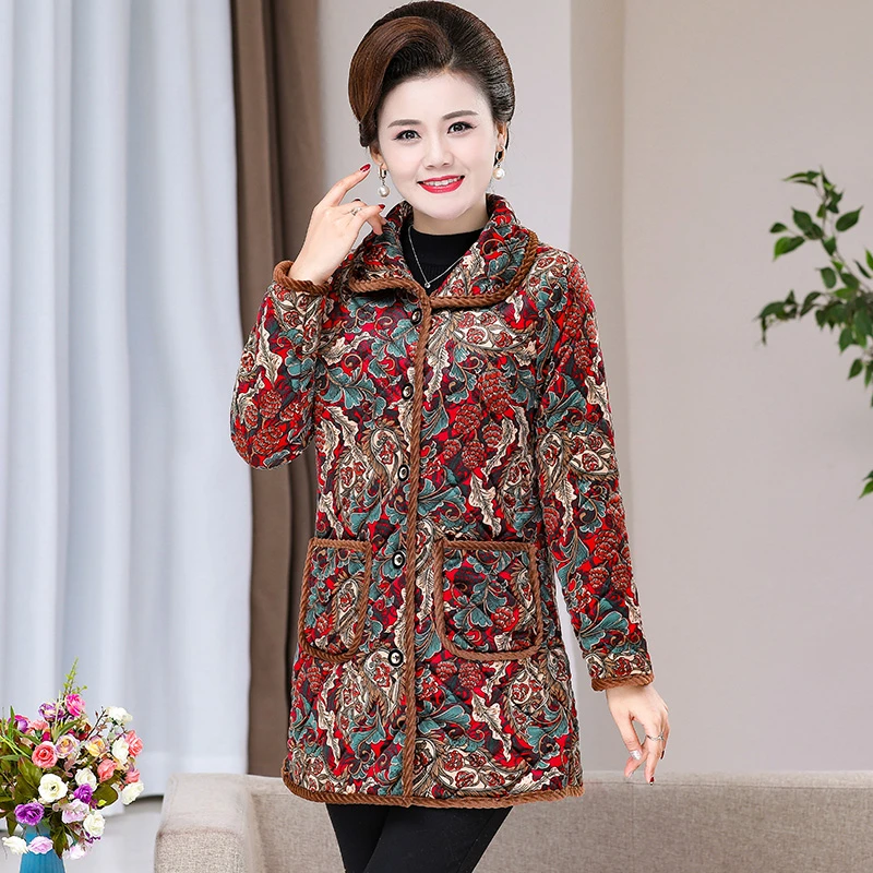 

Fashion Women's Cotton Coat Autumn Winter Coats Single-breasted Plus Velvet Printed Mid-length Jacket Tops