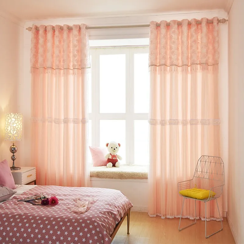 جديد الرعوية الكورية الوردي الدانتيل ثلاثية الأبعاد الوردي الستائر ، الأميرة نمط طبقة مزدوجة ستائر التعتيم لغرفة نوم الفتاة غرفة المعيشة