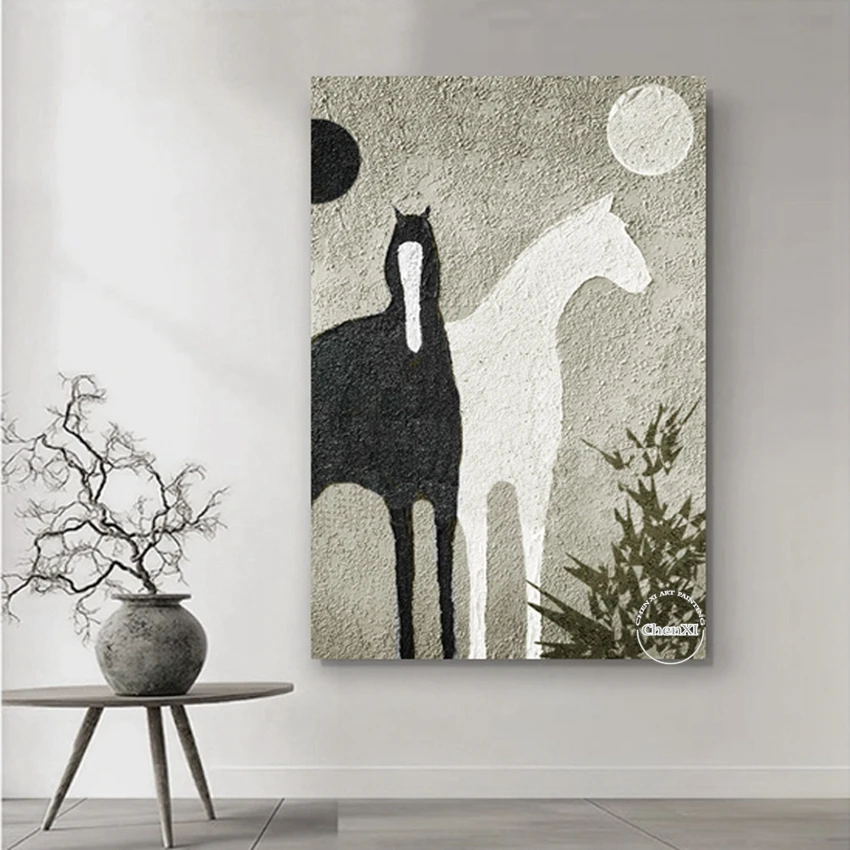 Imagem -02 - Imagem Animal Abstrata Handmade Pintura a Óleo na Lona Cavalo Preto e Branco Arte Finala Frameless Decoração Home